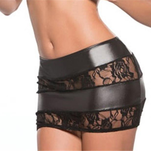 Plus Size Lingerie Sexy Hot Erotic Stretch Lace Mini Short Leather Skirt Latex Side Slit Skirt Lenceria Sexy Mujer