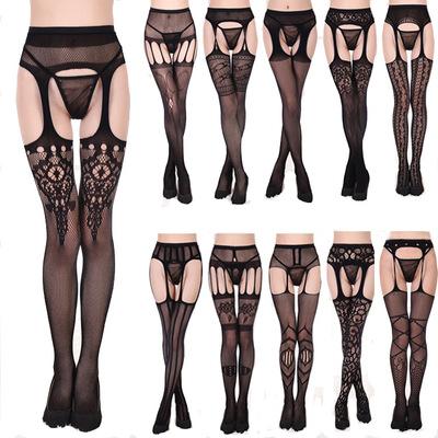 Sexy Womens Lingerie Black Elastic Lace Top Garter Belt Thigh Mesh Stockings Female Thin Net Pantyhose Lady Hose Clubwear