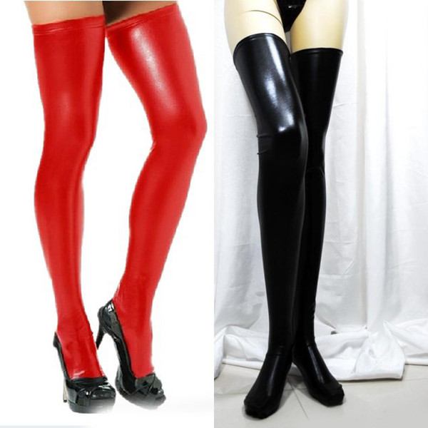 Hot Sexy Catsuit Dominatrix Costume Stockings Japanned Leather Lingerie Patent Leather Socks Thigh High Latex Rubber Gel Black Red White