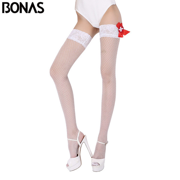 Bonas Fishnet Stay Up Stockings Women Summer Sexy Nylon High Elasticity Thigh High Knee Socks Solid Color Thin Hollow Stockings