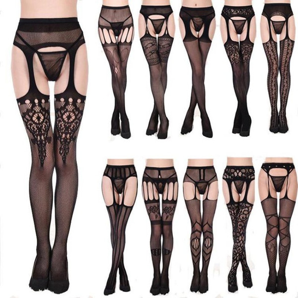 New Fashion Sexy Underwear Transparent Lace Suspenders Black Fishnet Stockings Garter Slip Waist for Woman girl Open File Gift