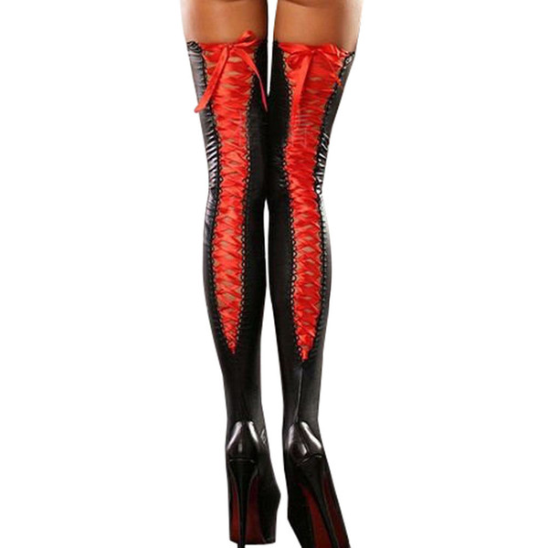 2018 Women's Sexy Club Thigh High Stockings Stretch Leather Lace Top Stockings Hosiery Nets Stay Up For Women Lace Bow Stockings D19011701