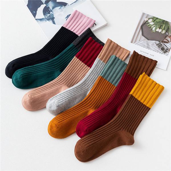 High-grade double-needle color matching women's socks Pumping tide Women's retro piles of socks Comb cotton socks Foot Treatment 10pair