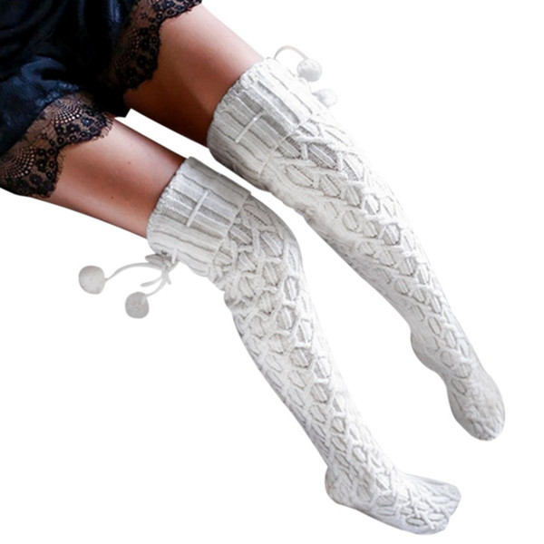 Women Winter Knitted Over Knee Long Boot Cotton Socks Thigh High Warm Socks Braid Pantyhose 2017 Fashion White with pompons S1017