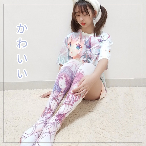 Japanese Girls Anime Pattern cartoon Printed Stockings Girls Lolita Velvet Overknee Tights Socks Cosplay Overknee 120DStockings