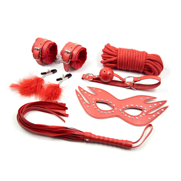 6pcs/set Red Sex Toys for Couples Leather Mask Mouth Gag Whips Handcuffs for Sex Games Rope Slave Nipple Clamps Lingerie Sexy Hot Erotic Toy