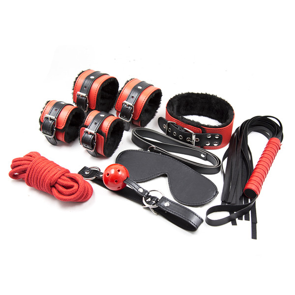 Adult Games Couples Sex Bondage Set Leather Fetish Mask Bdsm Women Collar Flirt Handcuffs for Sex Whip Ankle Cuffs Mouth Gag 7piece