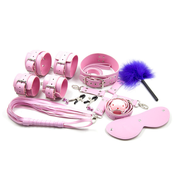 Pink Bdsm Couples Handcuffs for Sex Bondage Restraints Eye Mask Collar Mouth Gag Ball Adult Games Whips Ankle Cuffs Nipple Clamps 9pcs/lot