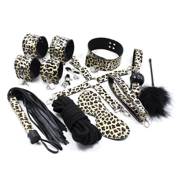 10pcs Couples Games Leather Handcuffs for Sex Bondage Restraints Leopard Eye Mask Collar Mouth Gag Whips Ankle Cuffs Rope Nipple Clamps