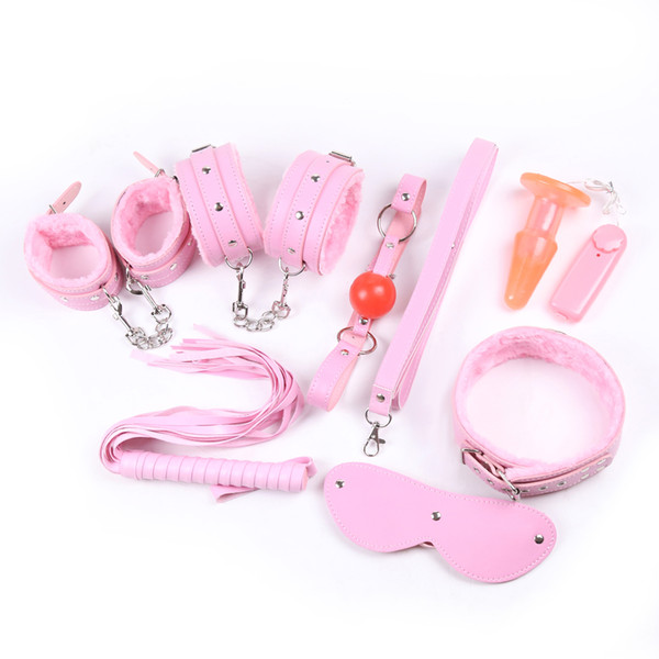 7pcs Erotic Toys for Couples Pink Leather Handcuffs for Sex Games Mask Whips Mouth Gag Ankle Cuffs Collar Bondage Restraints Sex Accessories