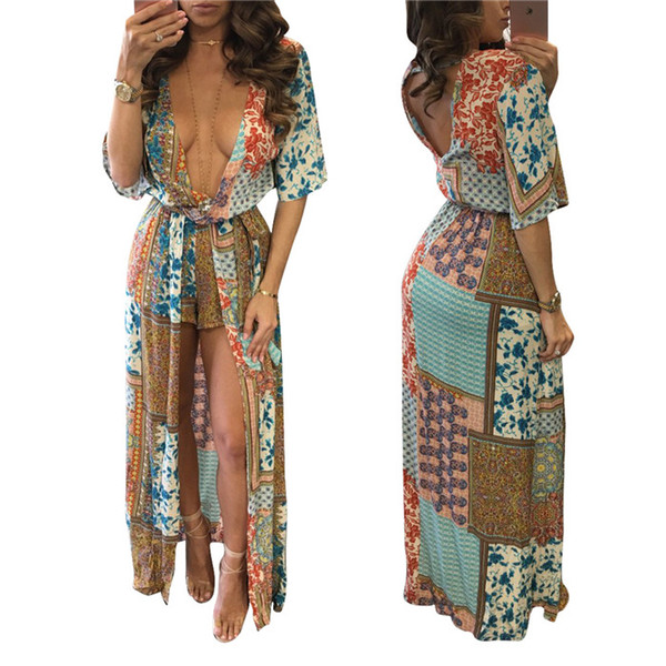 Explosion Models Sexy Bohemian Chiffon Floral Dress Beach Stitching Printing Cloak Fashion Long Coat For Woman