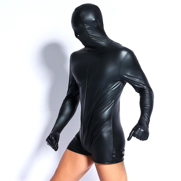 Fantasy Faux Leather Wet Look Mens Hooded Jumpsuit Zentai Catsuit Fetish Cosplay Role Play Long Sleeve Zipper Costume