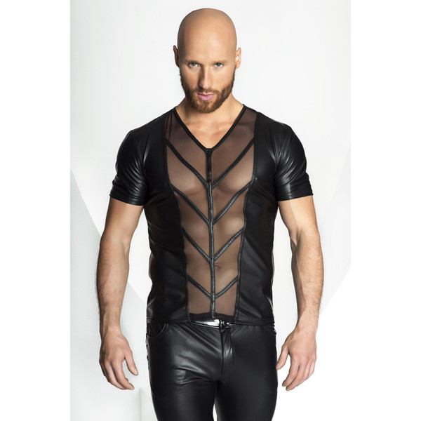 Sexy lingerie men's sexy leather stitching shirt vest sexy underwear