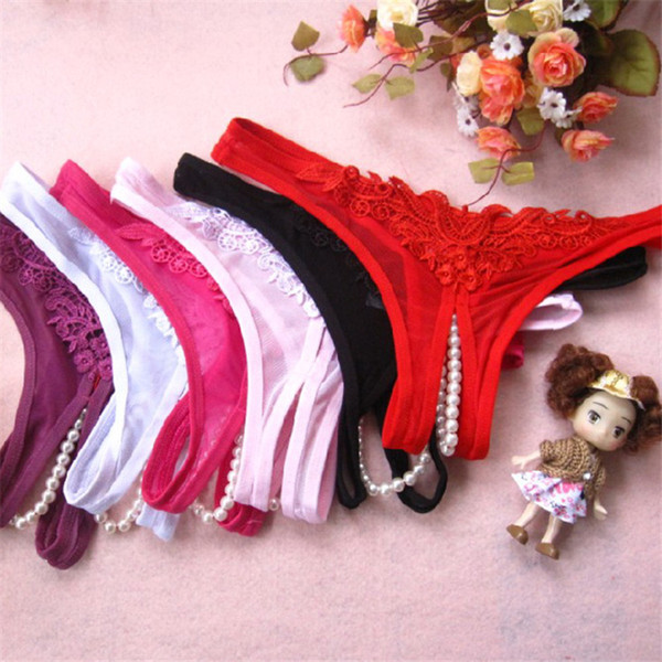 Sexy underwear ladies lace screen transparent pearl hanging chain low waist open crotch T-pants