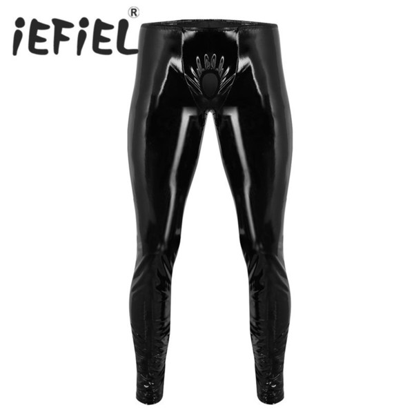 Iefiel Fashion Sexy Mens Lingerie Shiny Patent Leather Tight Pants Leggings Trousers With Open Penis Hole For Clubwear Clothes C19031601