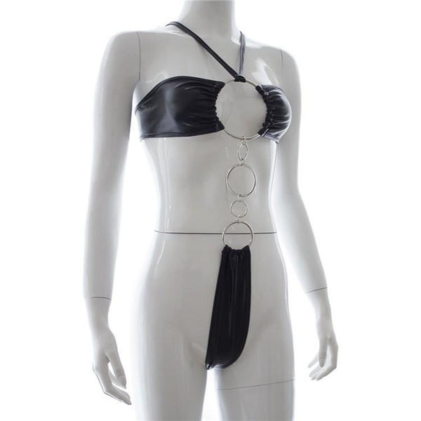 Female Sexy Black Wet Look Body Harness Teddy with Leather Bra and G-String Connected by Rings Cosplay Fancy Fetish Dress