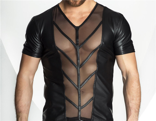 Hot Sexy Lingerie Plus Size Men Exotic Tanks Catsuit Latex PU Nightwear Sexy Mens See Through Top Tanks Shirts Exotic Man