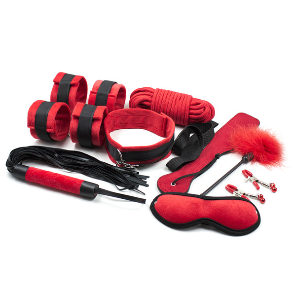 9pcs/set Red Handcuffs for Sex Games Bdsm Women Fetish Mask Collar Mouth Gag Whips Rope Bondage Restraints Ankle Cuffs Nipple Clamps