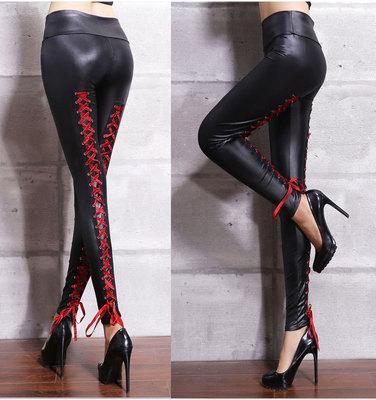 New type Sexy Club costumes catsuit Faux leather high waist lace up to hip erotic sexy leather jeans