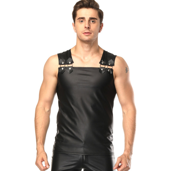 2018 New Man Sexy Costume Male Exotic Tanks Patent Leather Men Sex Lingerie Adult Night Club Clothes DS Apparel PVC Underwear