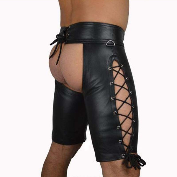 Mens Underwear Leather Pole Dance Nightclub Bright Patent Leather Onesies Leather Side Laced Underwear Lace-up Open Butt Shorts Clubwear