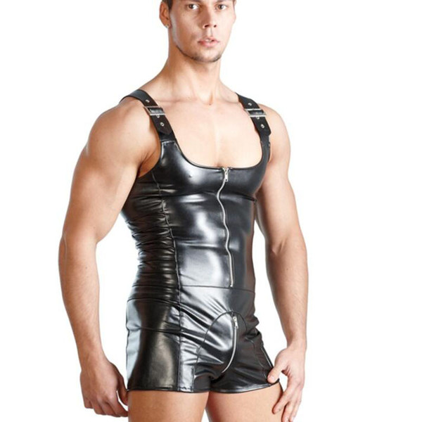 New Design Men's Leather Faux Latex Playsuit Teddy Bodysuits PU Costume Catsuit Zipper Open free shipping