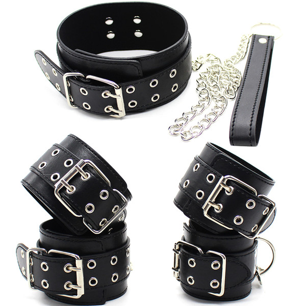 Sex Products Adult Games PU Leather BDSM Bondage Kit Hands Cuffs Ankle Cuffs Neck Collar WIth Leash, Adults Sex Toys For Couples