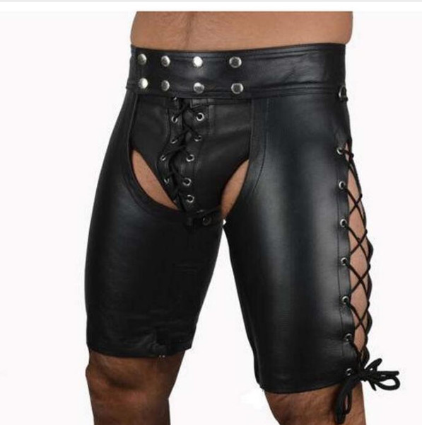 Plus Size S-xxl Sexy Tight Black Pu Leather Shorts Men Lace-up Bondage Jockstrap Lingerie Open Butt Fetish Gay Boxers Panties C19031601