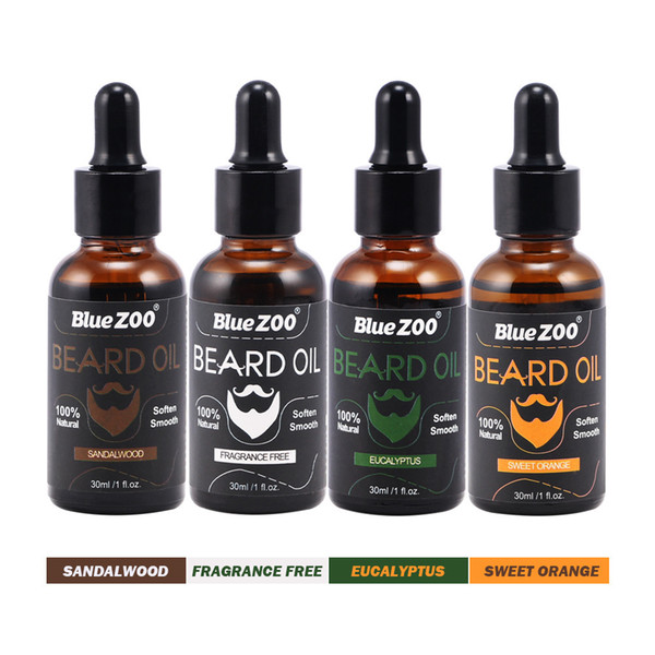 Bluezoo Natural Organic Beard Oil 30ml 4 Flavor Oil Unscented Sandalwood Sweet Orange Eucalyptus Fragrance Moisturize Beard Health Care