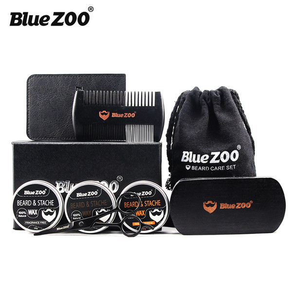 Bluezoo 8pcs/Kit Natural Organic Men's Beard Shaving Care Balm Moustache Wax with Scissors Comb Bag Moisturizing Care 3*Beard wax 1*Brush