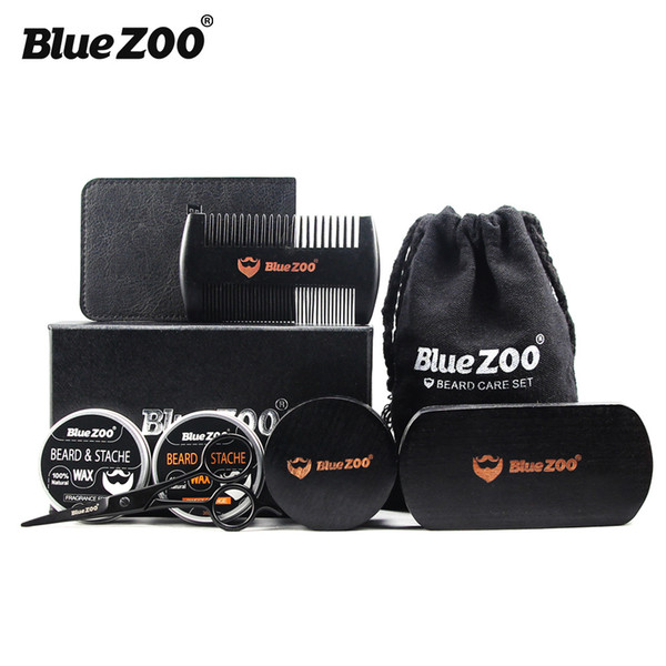 Bluezoo 8pcs/Kit Natural Organic Men's Beard Care Balm Moustache Wax with Scissors Comb Bag Moisturizing Care 2*Beard wax 2*Brush