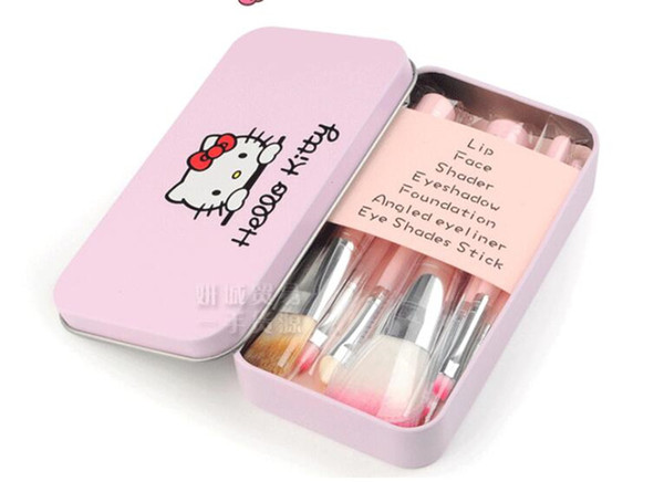 Free DHL New Hello Kitty Sweet pink black 7 Pcs Mini Makeup brush Set cosmetics kit make up brush Kit with Metal box