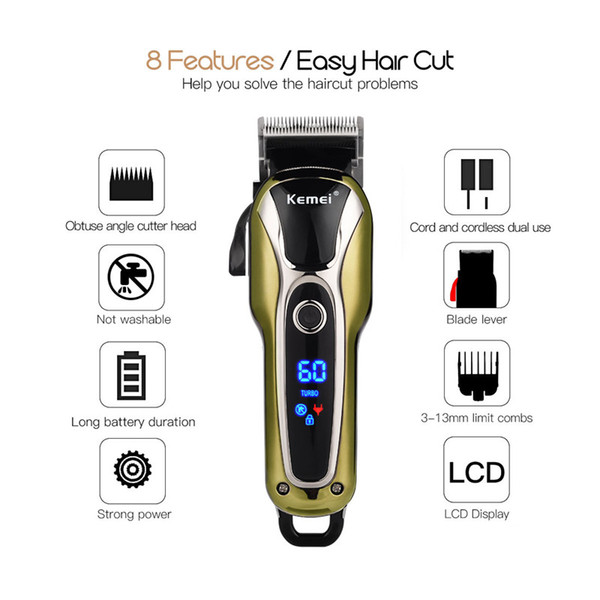 Kemei km-1990 Professional Super Power LCD Digital Hair Trimmer Salon Clipper Low Noise Cutting Trimmer Limit Combs Man Kids EU 110-240V