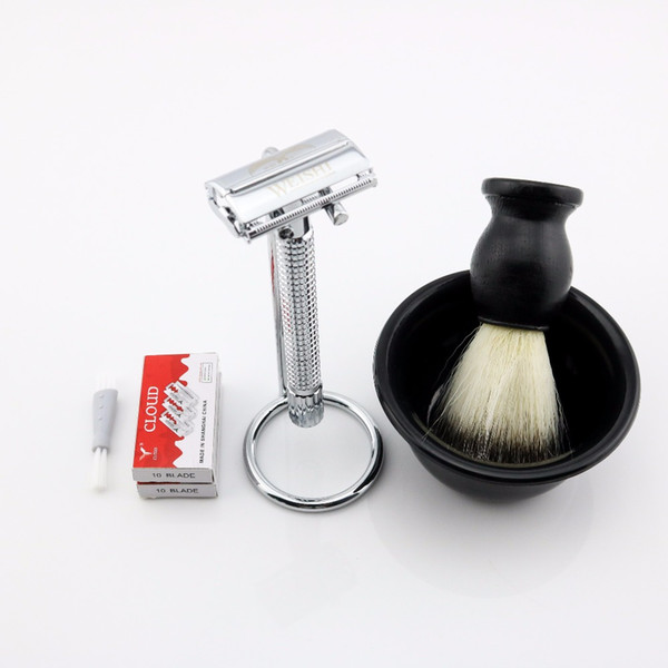 WEISHI Butterfly Safety Razor Long handle Silvery Gun color Bronze Stand 20 blades Clean brush Bowl Shaving brush NEW