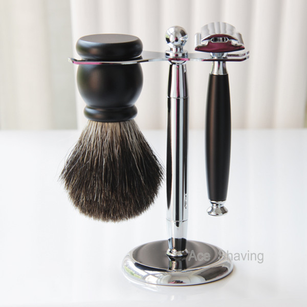 Black Badger Hair Brush ABS Handle DE Safety Razor Wet Shaving Set Kit Stand 20 Pcs Blades