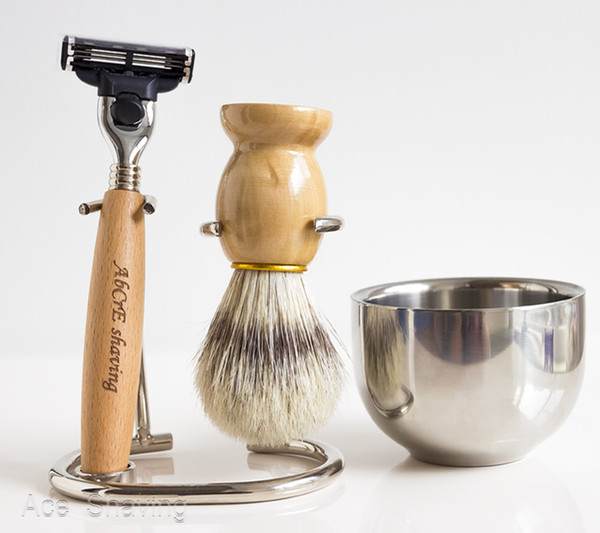 Shaving Beard Brush Set kit Wood Handle Razor Metal Stand Shaver Holder Boar Bristle Hair Bowl Mug Cup