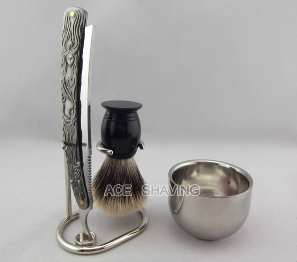 Barber Straight Razor Shaving Set Stand Stainless Steel Cup Acrylic Handle Finest Badger Hair Shaving brush 4 pcs Set