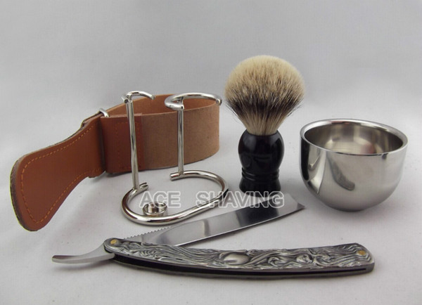 Silvertip Badger Hair Acrylic Handle Shaving brush Straight Razor Shaving Set Stand Stainless Steel Shaving Mug Strop