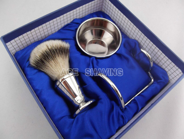 Stainless Handle Silvertip Badger Hair Shaving Brush & Stand &Bowl &Gift Box