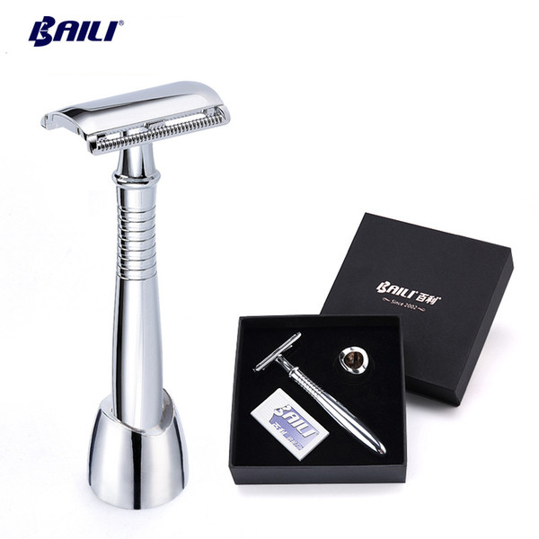 BAILI Long Handle Double Edge Manual Classic Safety Blade Razor for Barber Men Hair Shaving Razor Set High-end Gift Box