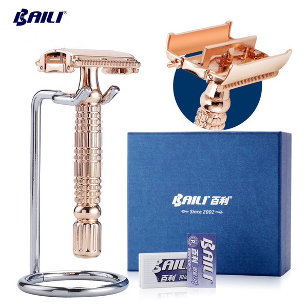 BAILI Chrome Alloy Butterfly Open Head Manual Barber Double Edge Blade Shaving Safety Razor Set High-end Gift Box Packaging