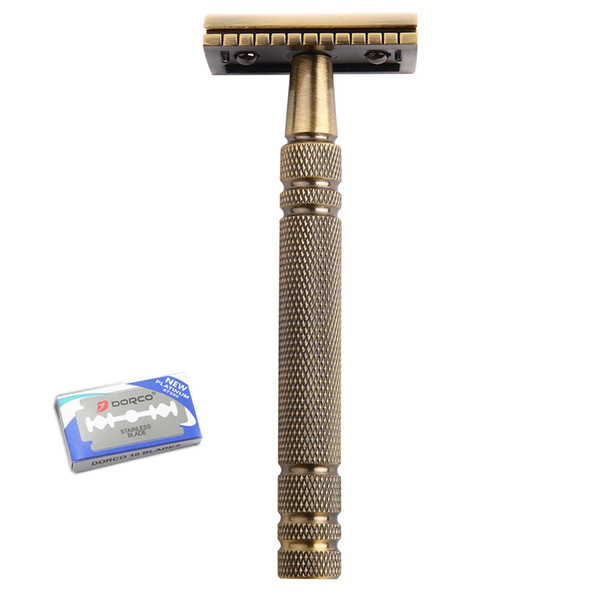 1Razor 10 Blades Shaving Men Long Handle Double Edge Razor Brass Bronze Blade Replaceable Classic Safety Razor Manual Shaver