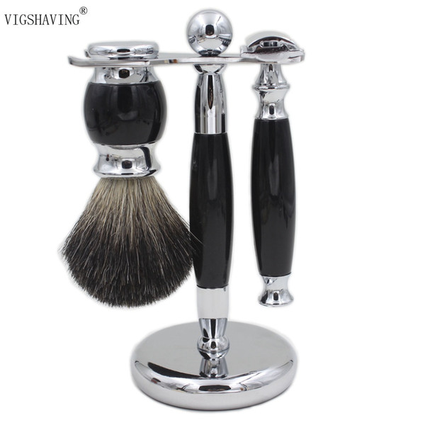 VIGSHAVING Luxury Black Men Shaving Set&Kits Resin Pure Badger Hair and Safety Razor