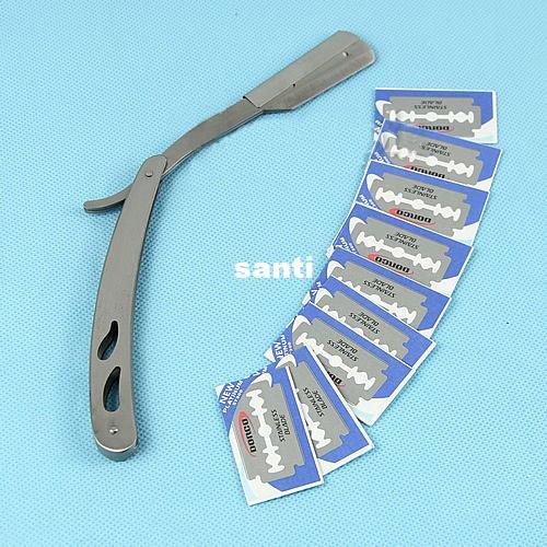 Straight Barber Edge Steel Razors Folding Shaving Knife With 10 pcs Blades