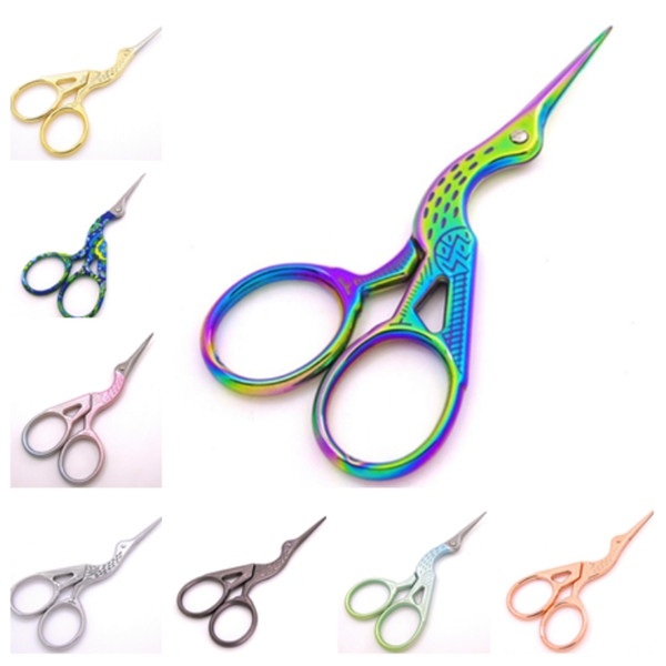 New 8 color stainless steel crane scissors animal carving retro gilt scissors nose hair scissorss Beauty scissors T2I5118