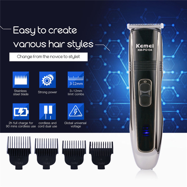 Kemei 2H Fast Charge Hair Trimmer Strong Power Clipper Haircut Machine Cutting Hair Men with 4 Limit Combs Stainless Steel Blade