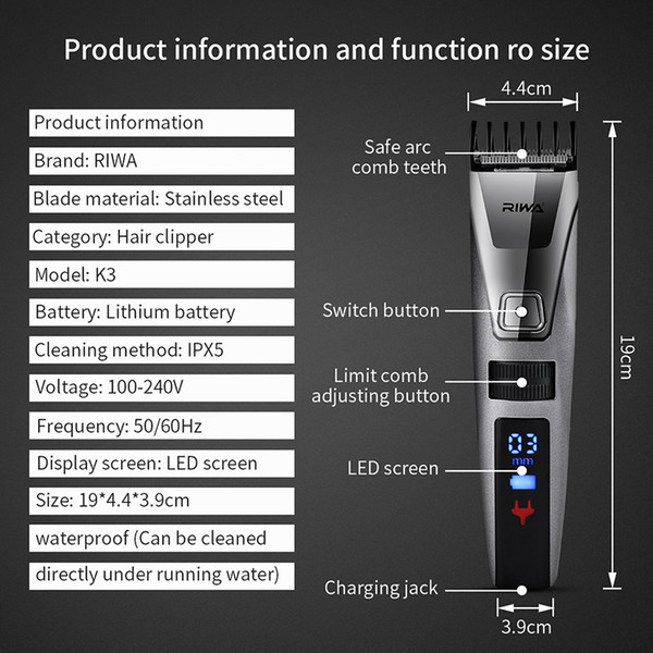 Riwa K3 100-240V LCD Fast Charging Men's Electronic Trimmer Professional Clippers Hair Cutting Machine for Men Kid