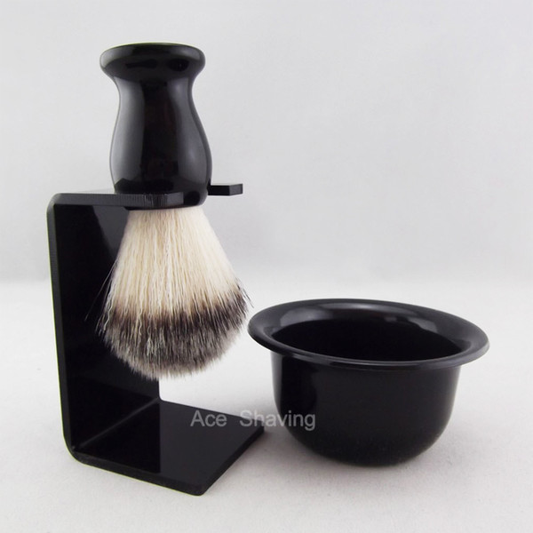 Black Resin Handle Nylon Hair Shaving Brush Acrylic Stand Holder & Bowl Cup Mug Set