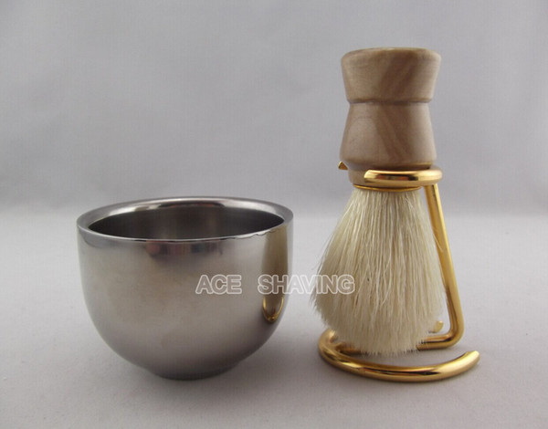 Wooden Handle Boar Bristle Hair Shaving Brush Set Metal Stand Holder Bowl Cup FREE SHIPPING