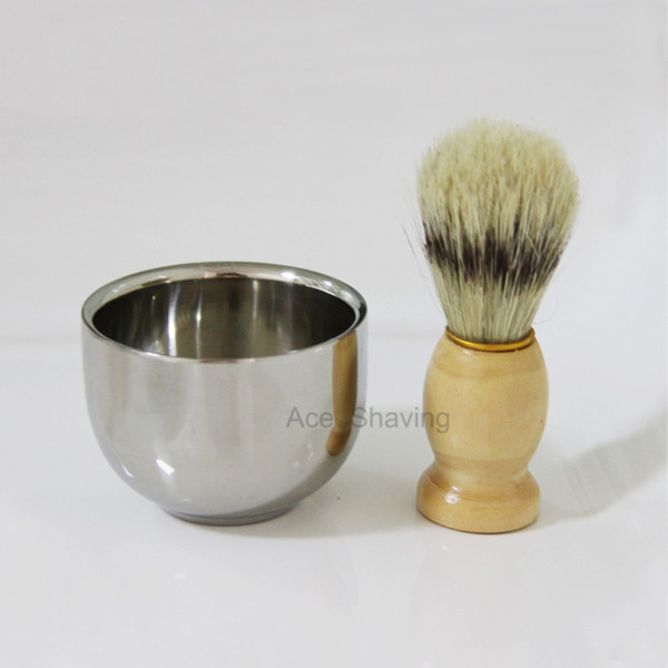 Stainless Steel Shaving Bowl & Wooden Handle Boar Bristle Hair Barber Beard Wet Shaving Brush